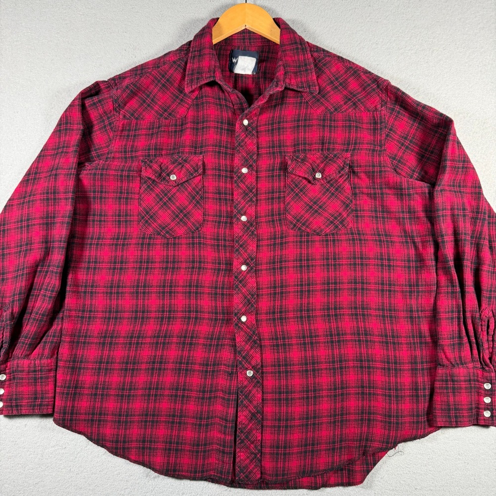 Wrangler Mens Red Black Plaid Western Pearl Snap Flannel Shirt Long Sleeve